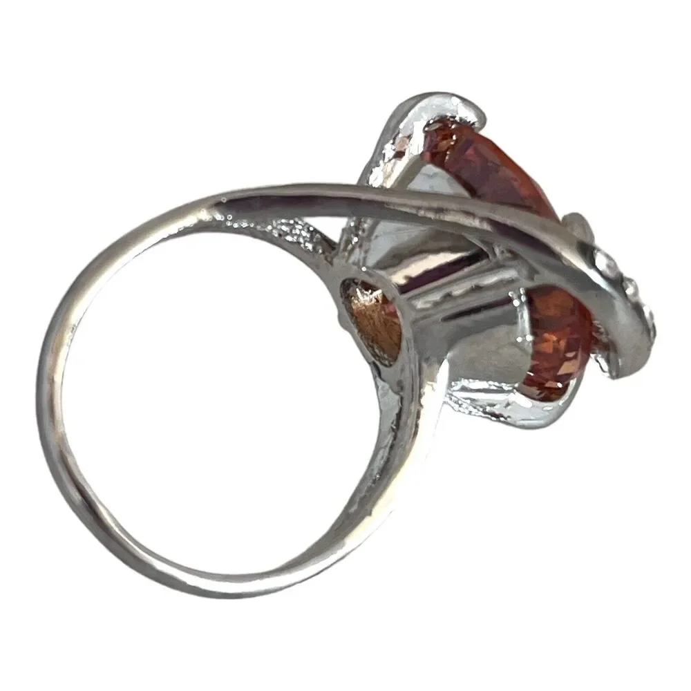 Vintage 1980s Orange Crystal Statement Ring Rhinestone Silver Tone Size 7 - 5Z